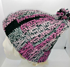 Pink & Black Pompom Basic Winter Hat Ladies Teen