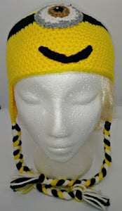 One Brown Eyed Yellow Monster Character Winter Braided Hat Teen Adult Size
