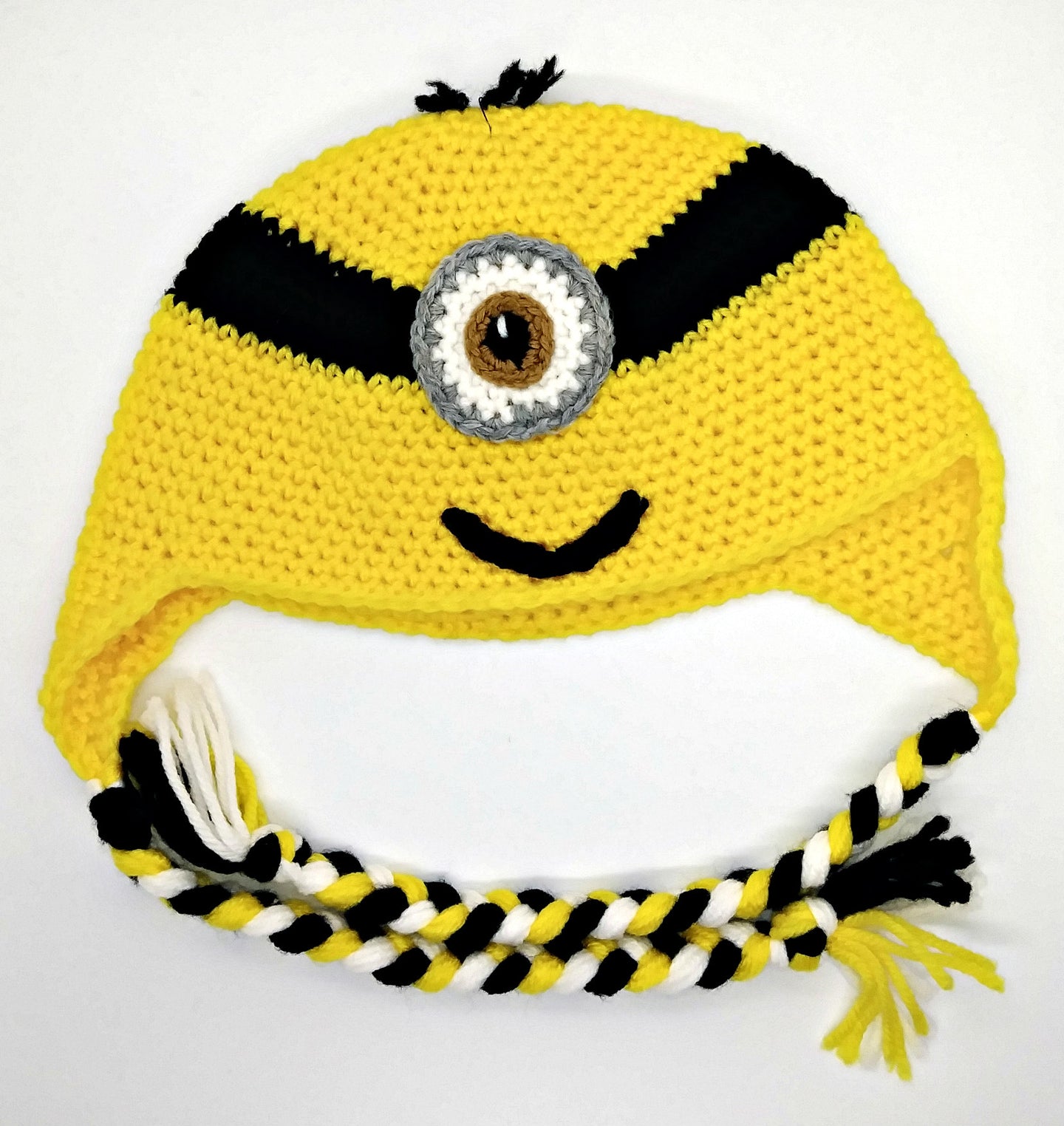 One Brown Eyed Yellow Monster Character Winter Braided Hat Teen Adult Size