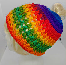 Load image into Gallery viewer, Teen Ladies Messy Bun Hat Favorite Stripe Blue Red Yellow Orange Green