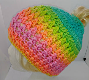 Teen Ladies Messy Bun Hat Retro Stripe