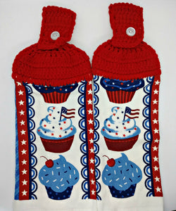 Red White & Blue Patriotic Cupcakes Hanging Kitchen Towel Set