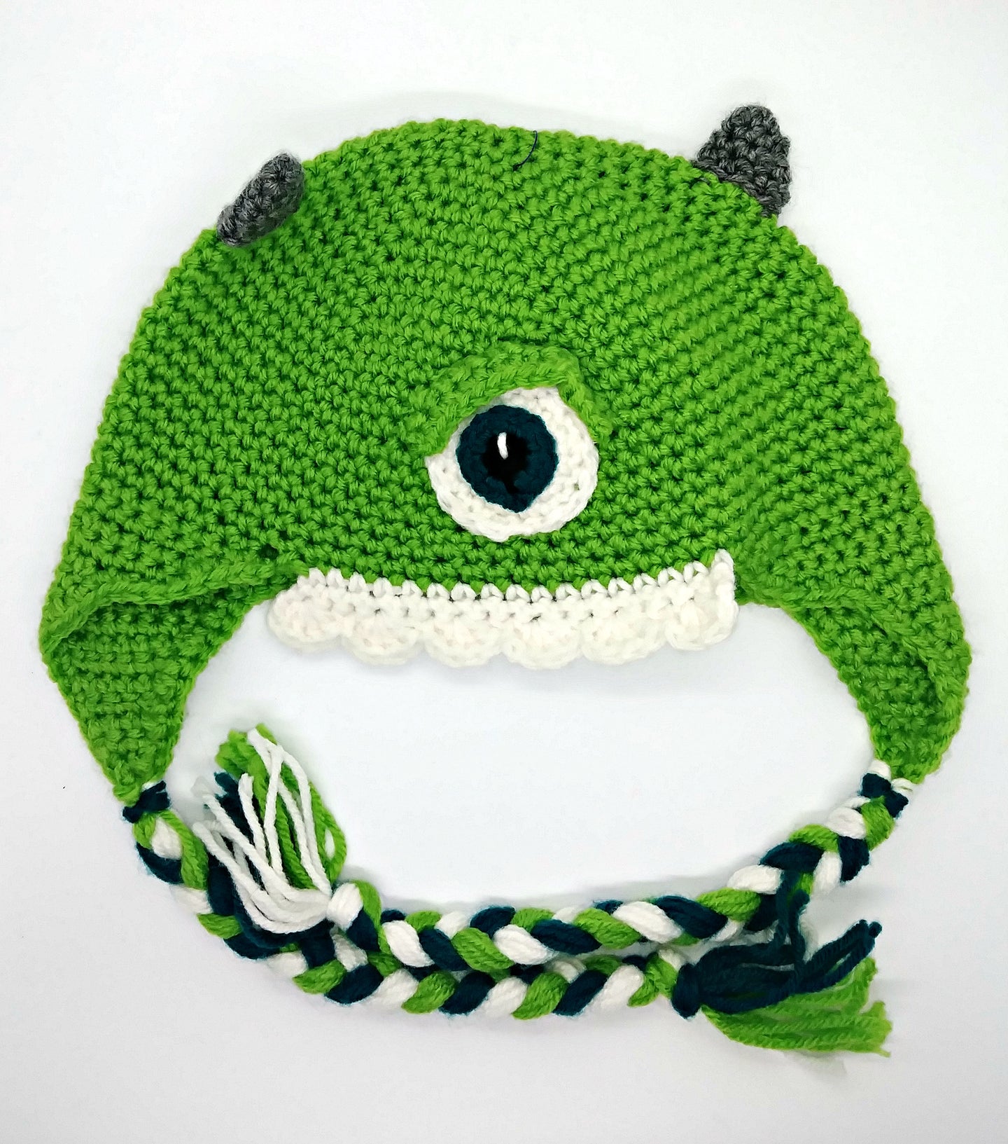 One Eyed Green Monster Character Winter Braided Hat Teen Adult Size