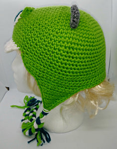One Eyed Green Monster Character Winter Braided Hat Teen Adult Size