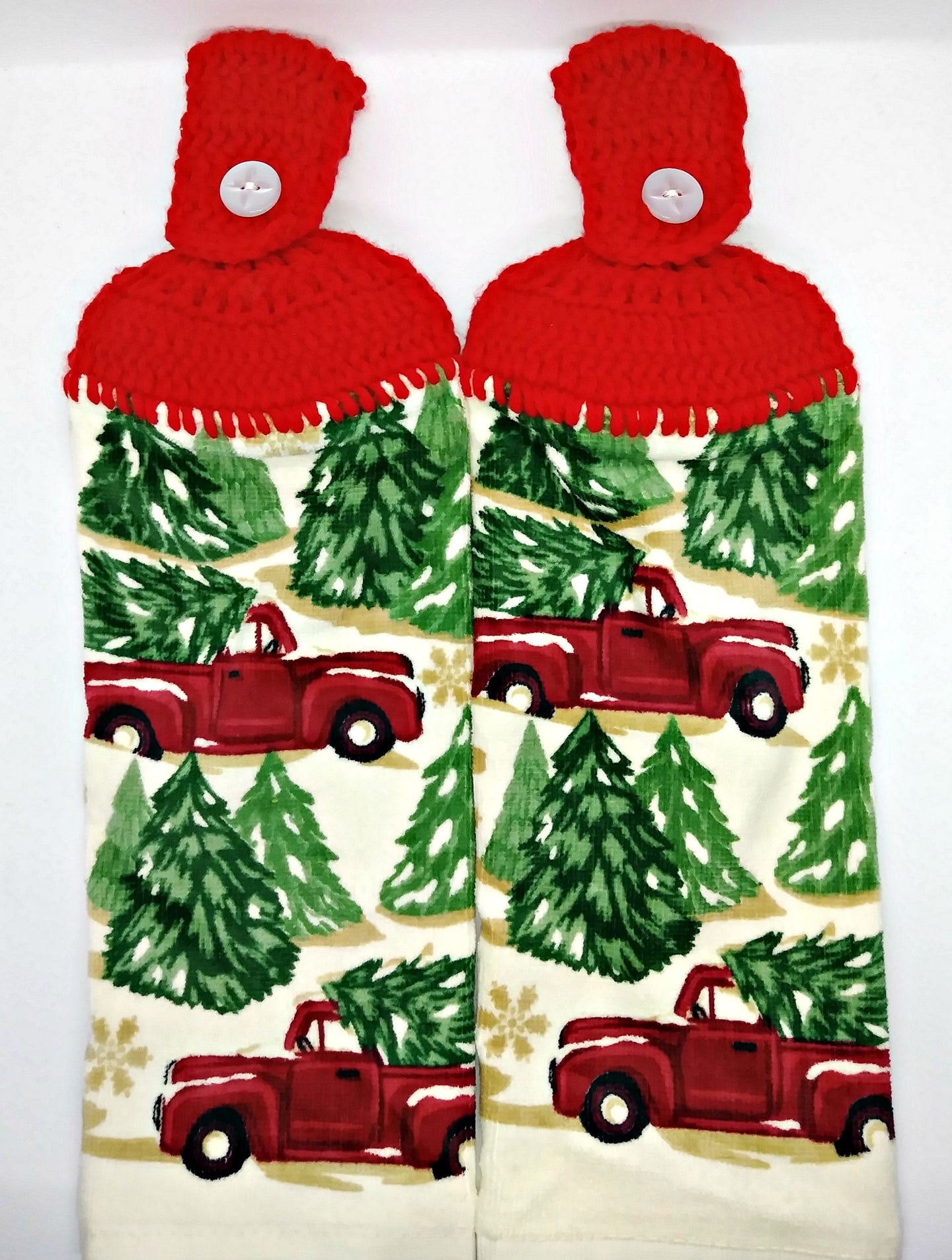Old Red  Pickup Truck Christmas Trees Hanging Kitchen Towel Set