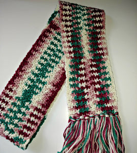 Pink White Burgundy Teal Variegated Winter Scarf with Fringe