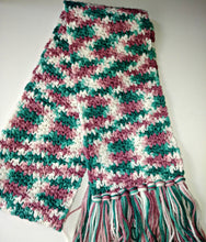 Load image into Gallery viewer, Rambling Rose Pink White Teal Variegated Winter Scarf with Fringe