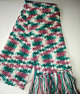 Rambling Rose Pink White Teal Variegated Winter Scarf with Fringe