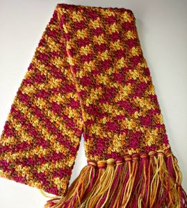 Magenta, Yellow Brown Variegated Winter Scarf with Fringe