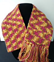 Load image into Gallery viewer, Magenta, Yellow Brown Variegated Winter Scarf with Fringe