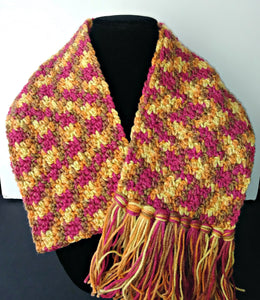 Magenta, Yellow Brown Variegated Winter Scarf with Fringe