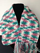 Load image into Gallery viewer, Rambling Rose Pink White Teal Variegated Winter Scarf with Fringe