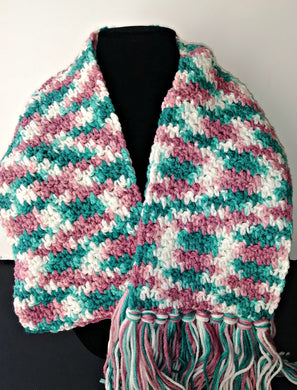 Rambling Rose Pink White Teal Variegated Winter Scarf with Fringe