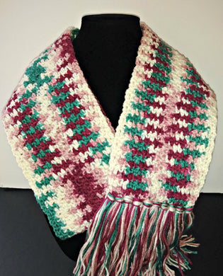Pink White Burgundy Teal Variegated Winter Scarf with Fringe