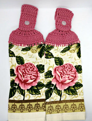 Pretty Floral Pink Rose Hanging Kitchen Towel Set