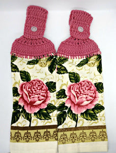 Pretty Floral Pink Rose Hanging Kitchen Towel Set