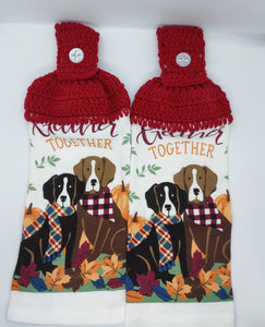 Fall Autumn Gather Together Puppy Dogs Hanging Kitchen Towel Topper Set