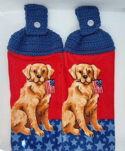 Patriotic Dog With American Flag Hanging Kitchen Towel Set