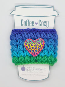 Blue Green Cheetah Heart Coffee Cup Cozy