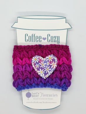 Daisy Flower Heart Pink & Blue Variegated Coffee Cup Cozy