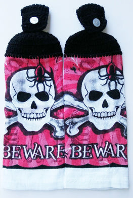 Skull & Crossbones Beware Halloween Hanging Kitchen Towel Set