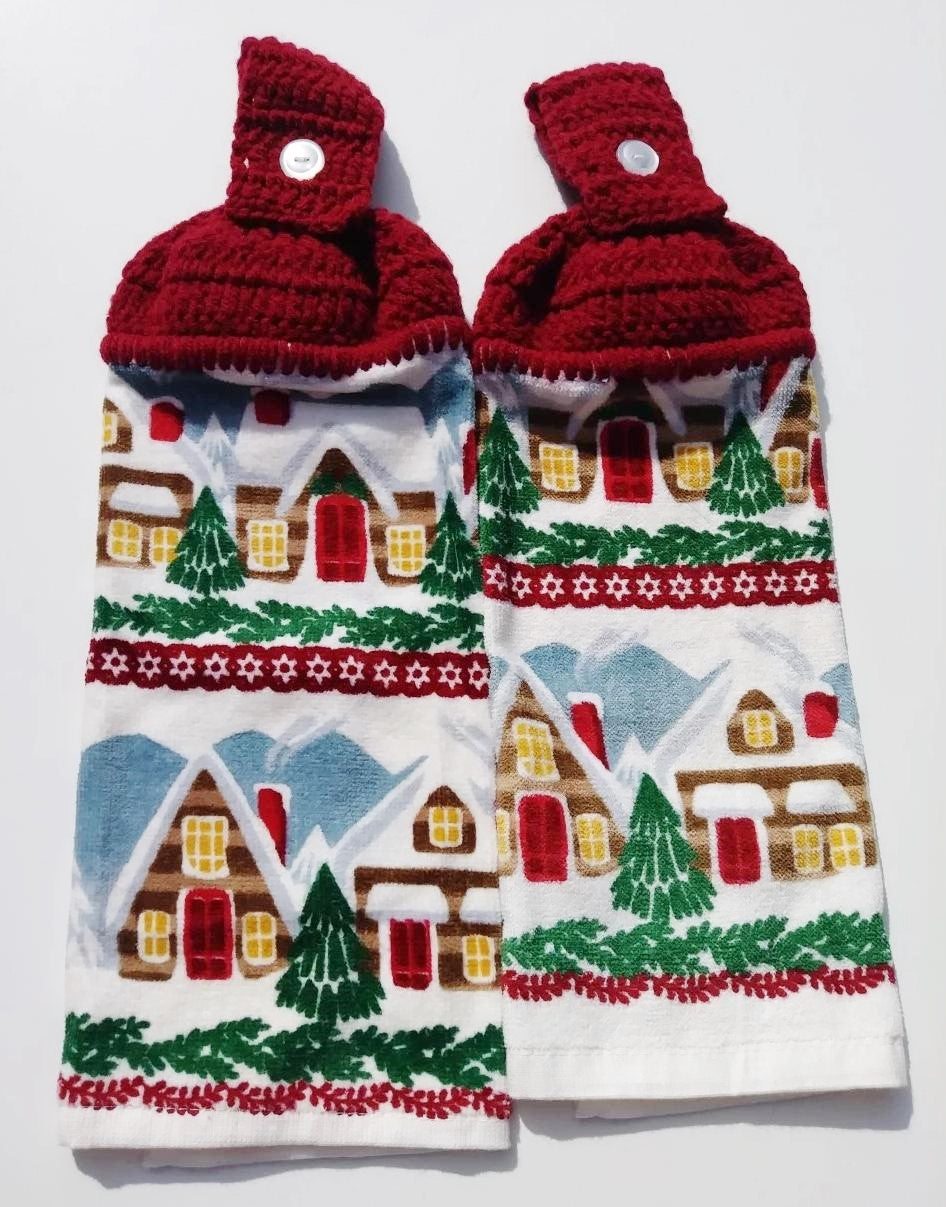 Winter Lodging Christmas Village Cabins Hanging Kitchen Towel Set
