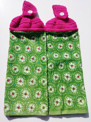 White Hot Pink Flower Print Hanging Kitchen Towel Set