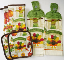 Load image into Gallery viewer, Thanksgiving Turkey Scarecrow Pumpkins Deluxe Hanging Kitchen Towel Set