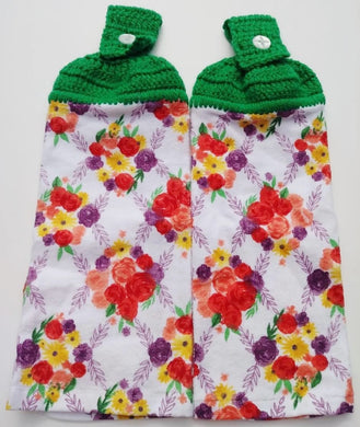 Purple Coral Green  Flowers Hanging Kitchen Towel Set