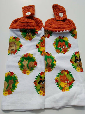 Autumn Woodland Animals Fox Raccoon Hedgehog Owl Hanging Kitchen Towel Set