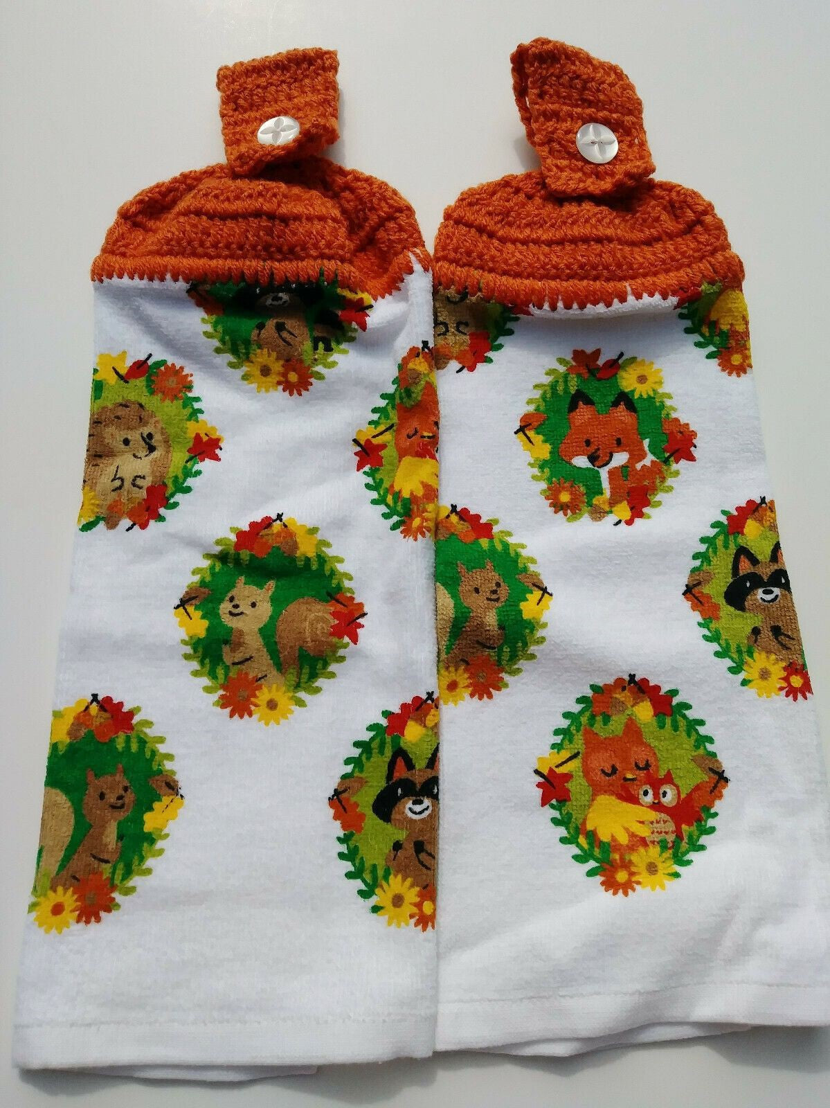 Autumn Woodland Animals Fox Raccoon Hedgehog Owl Hanging Kitchen Towel Set