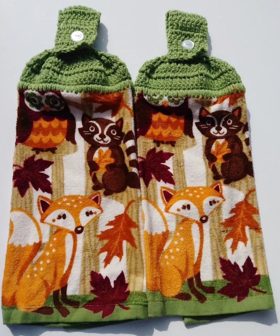 Fall Thanksgiving Woodland Animals Fox Owl Raccoon Hanging Kitchen Towel Sets