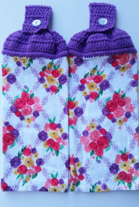Floral Flowers Purple Coral Yellow Hanging Kitchen Towel Set