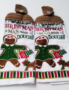 Gingerbread Woman Man Made Out Of Dough Christmas Hanging Kitchen Towel Set
