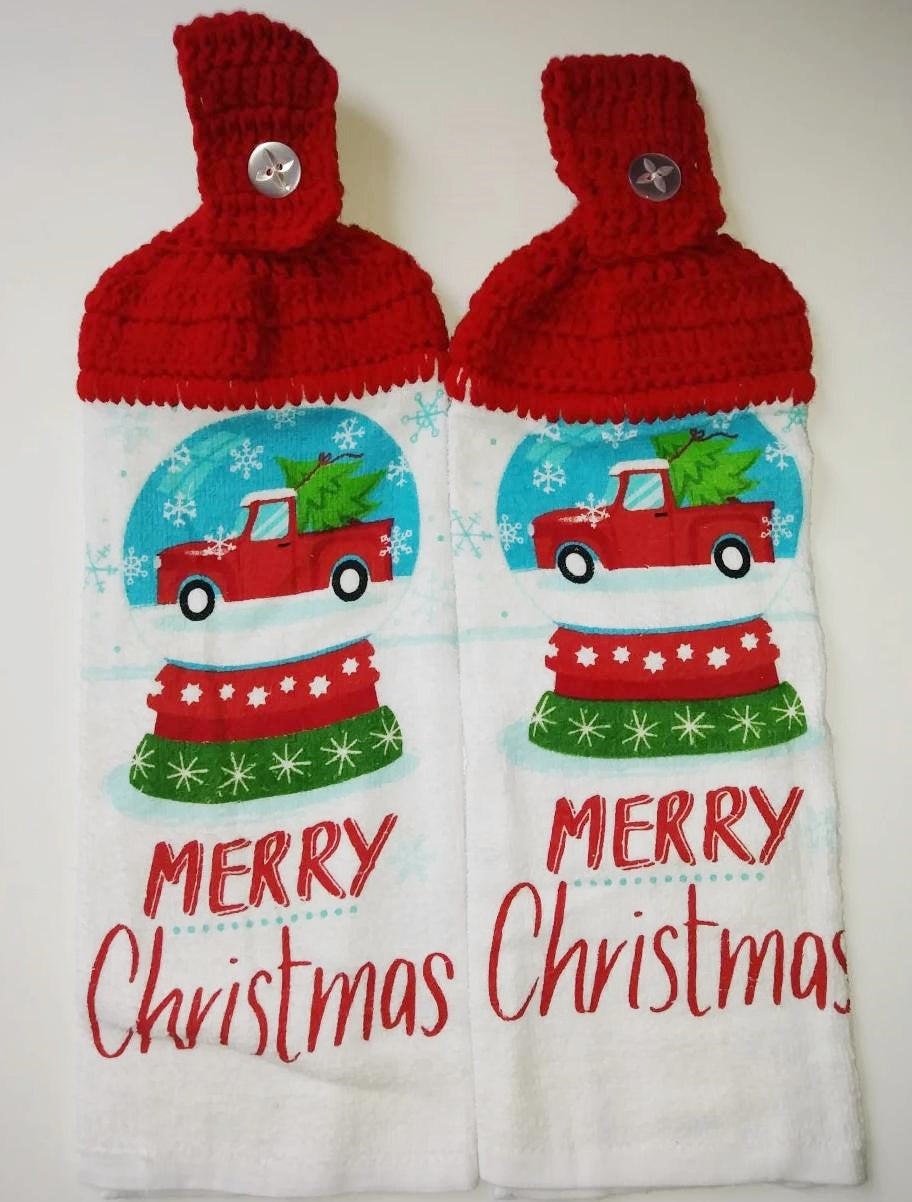 Christmas Old Red Pickup Truck Snow Globe Hanging Kitchen Towel Set