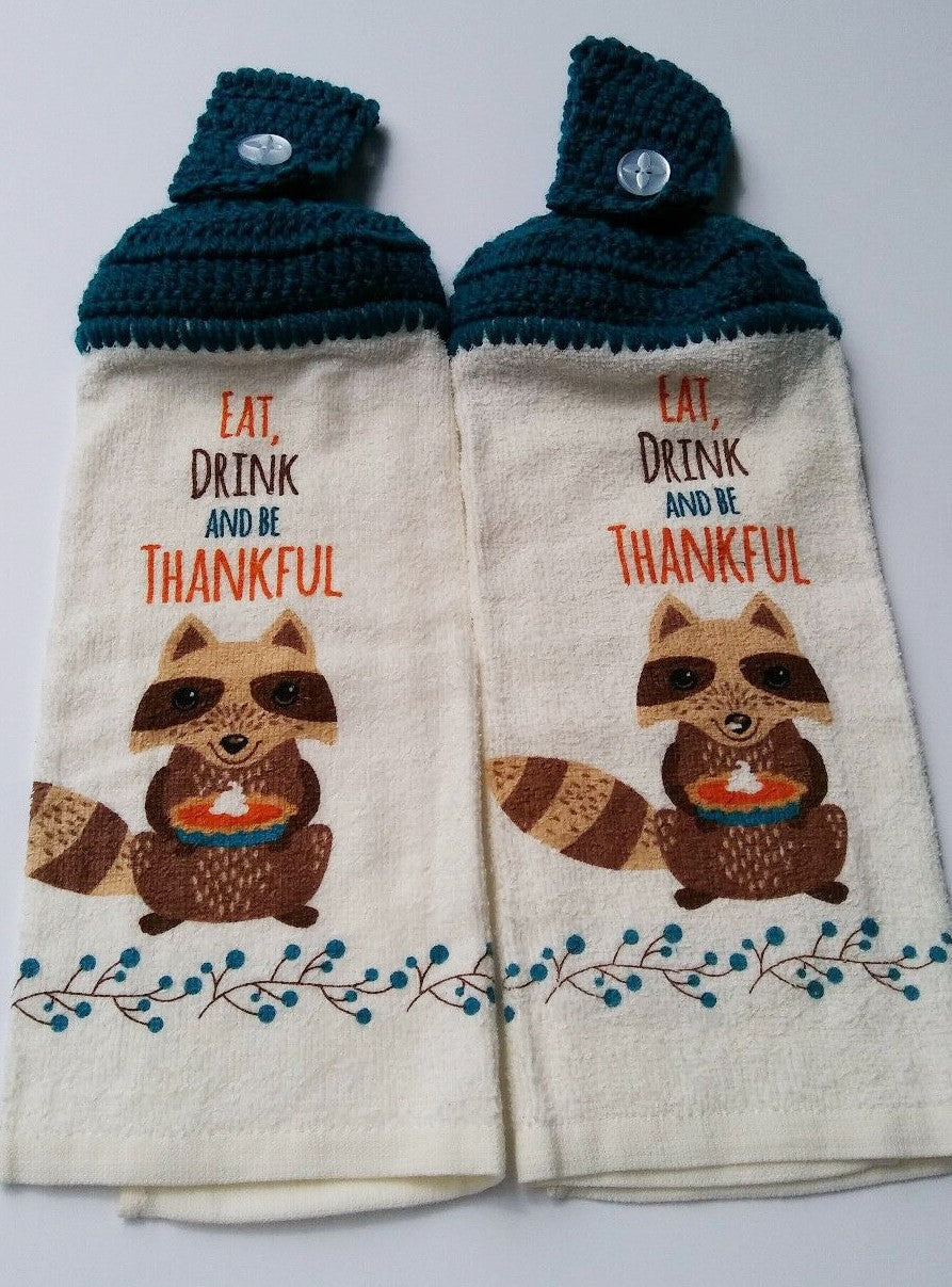 Autumn Thanksgiving Raccoon Eat Drink And Be Thankful Hanging Kitchen Towel Set