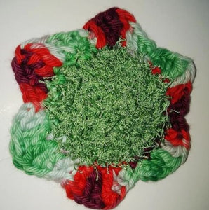 Flower Kitchen Durable Dish Pot Scrubbies 4"x 4" Red Sage Green Maroon