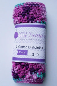 Dishcloth Washrag Washcloth Set of 3 Cotton 7" x 7" Color Fantasy Purple Teal