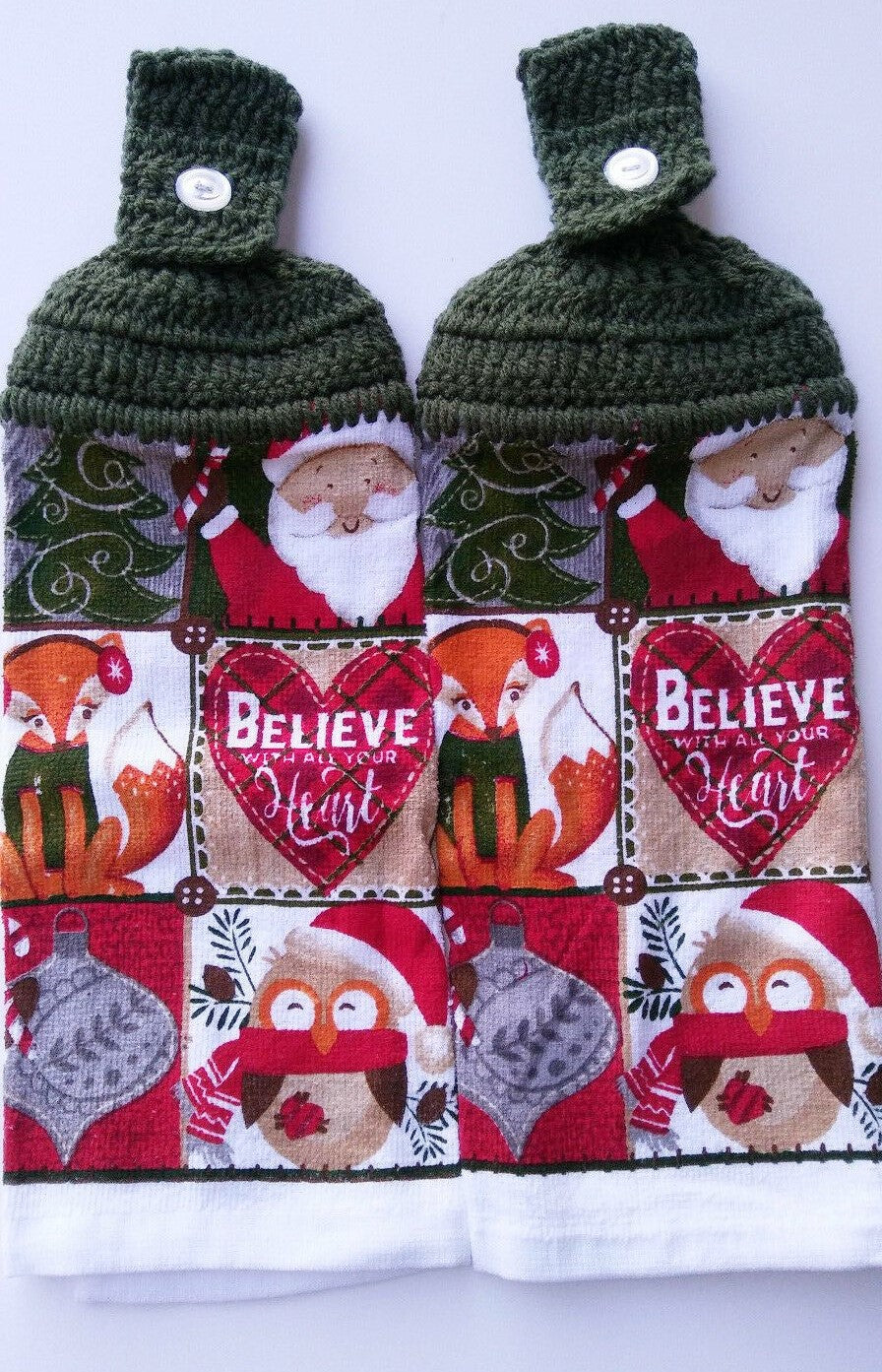 Christmas Santa Fox Owl Ornament Tree Hanging Kitchen Towel Set